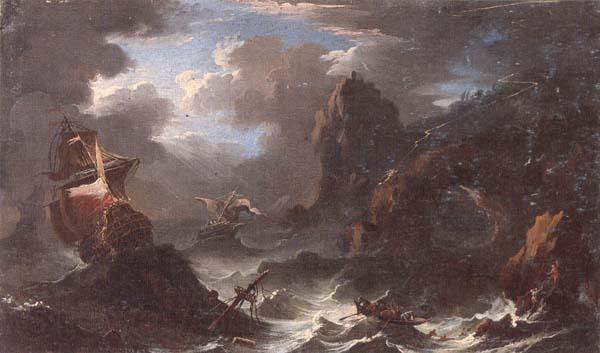 unknow artist A coastal landscape with shipping in a storm,figures shipwrecked in the foreground Norge oil painting art